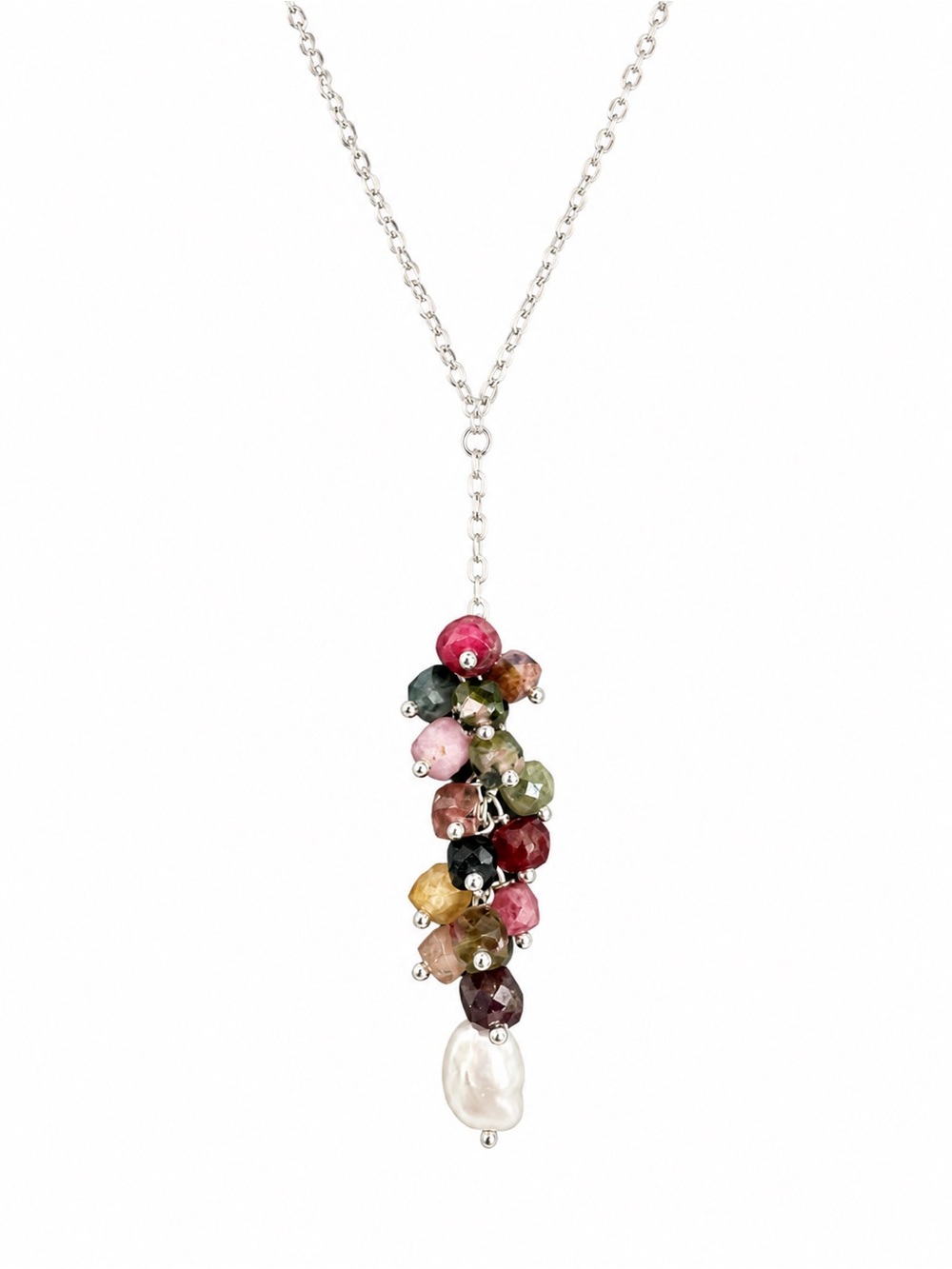N70001 Rainbow Tourmaline & Freshwater Pearl Lariat Necklace